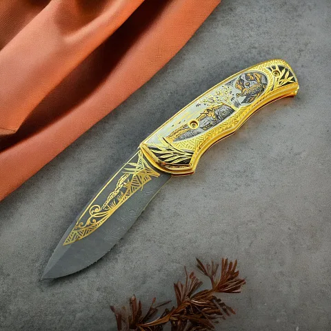 Дамасский складной нож «Охотник с собакой» — оригинальный подарок